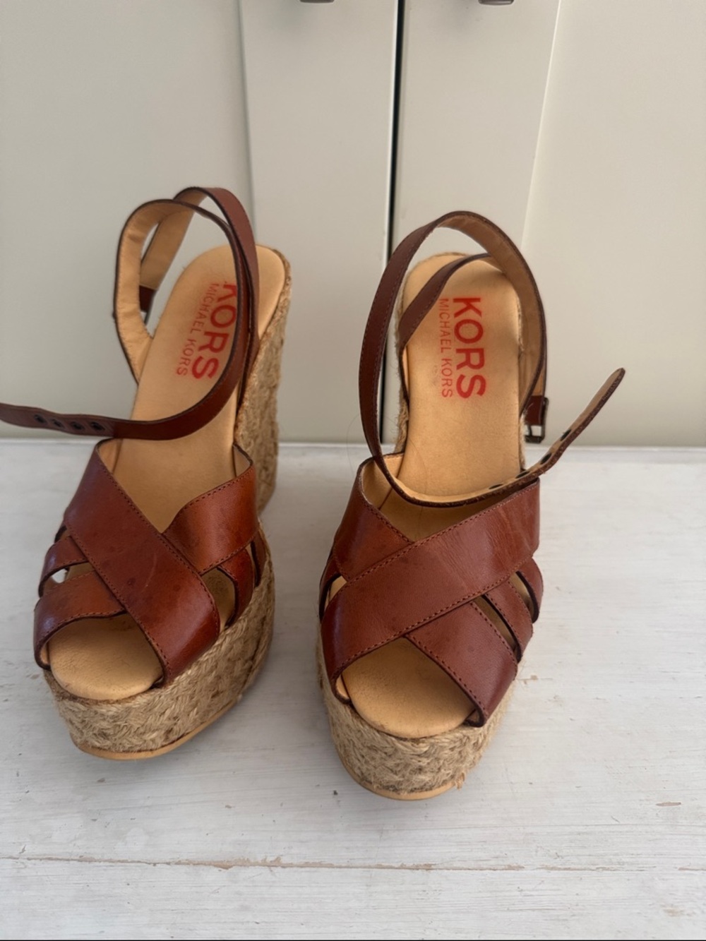 Michael Kors Cognac Leather Espadrille Wedge Sandals